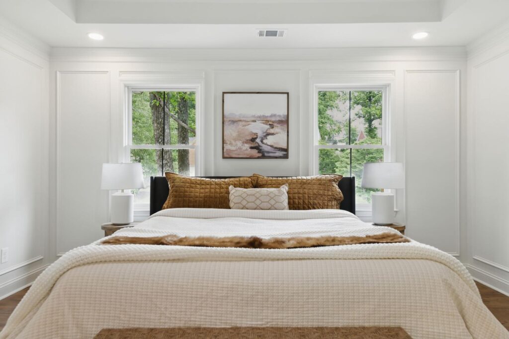 Primary bedroom in a custom home built by VIBE Luxury Homes in Asbury Park, Atlanta
