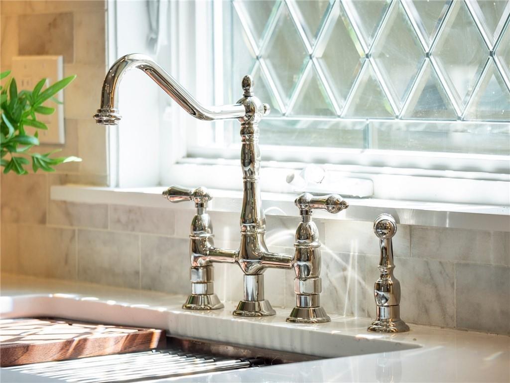 Apron sink with brass bridge faucet, Dill custom home
