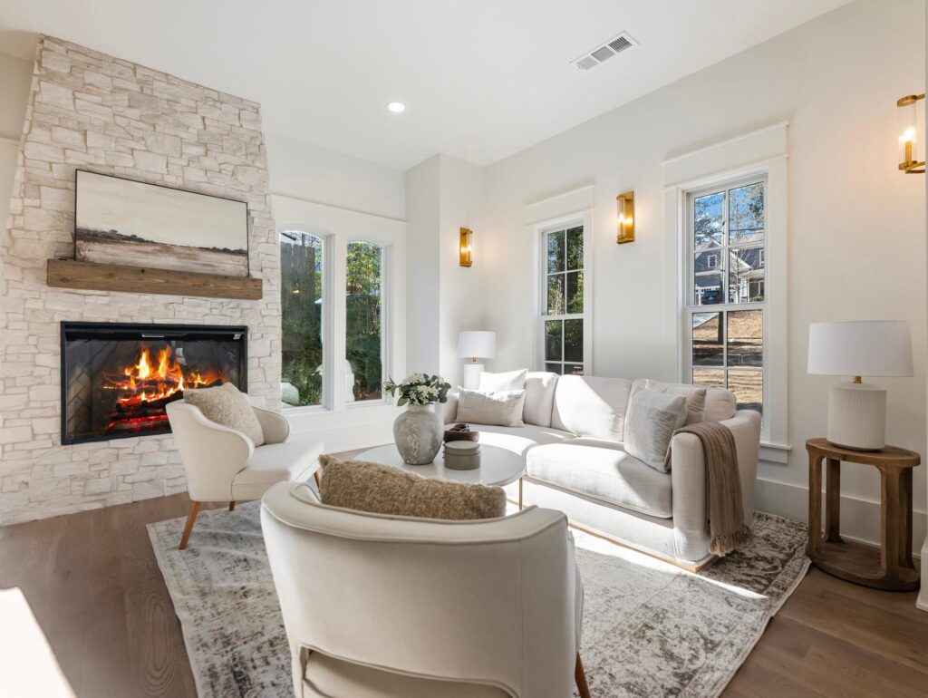 Living room in a custom home built by VIBE Luxury Homes in Sexton Woods, Chamblee