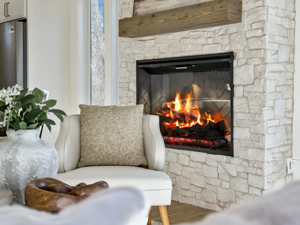 Stone fireplace in a custom home built by VIBE Luxury Homes in Sexton Woods, Chamblee