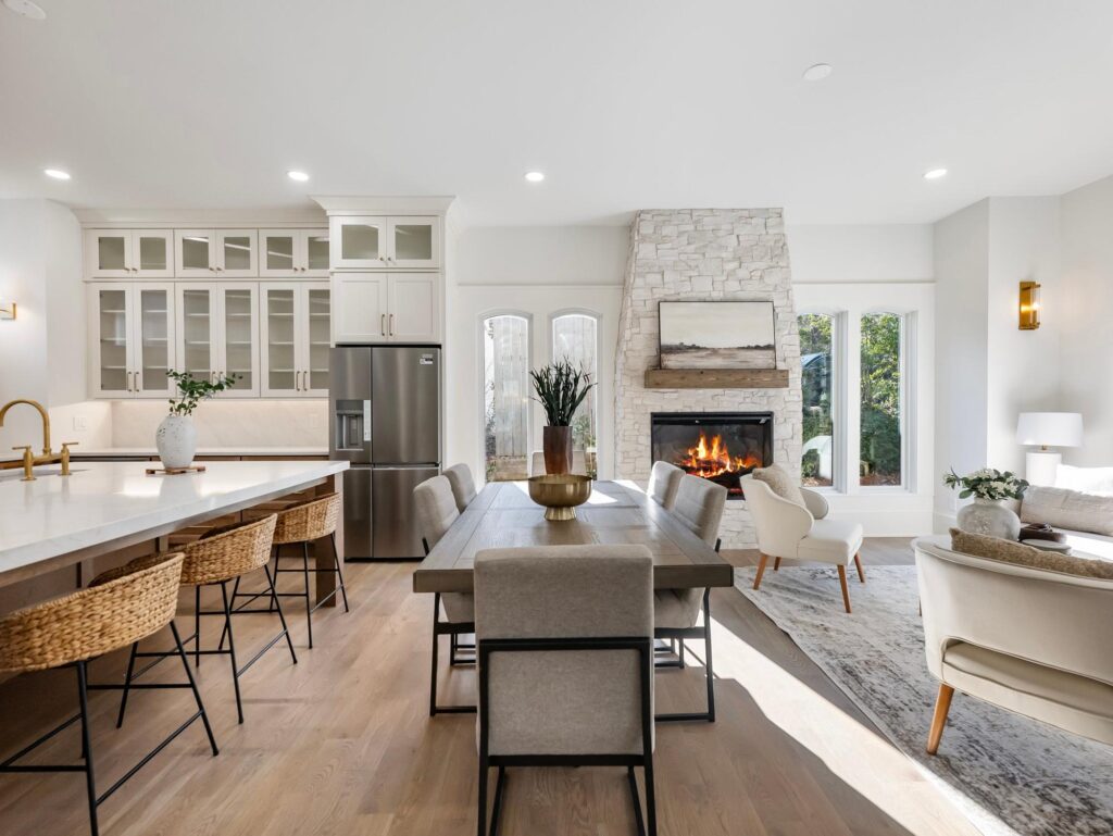Kitchen and living area in a custom home built by VIBE Luxury Homes in Sexton Woods, Chamblee