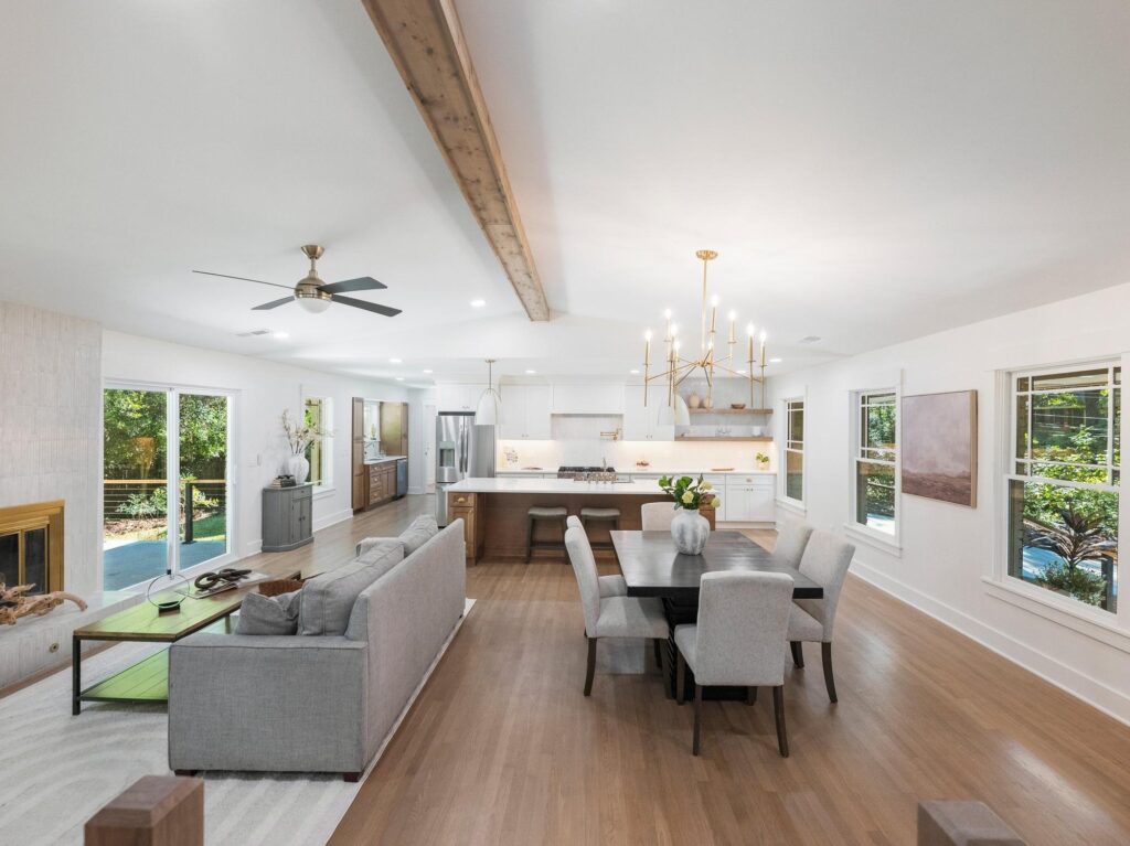 Open-plan living area in a whole-home renovation by VIBE Luxury Homes in the Sherbrooke neighborhood, Atlanta