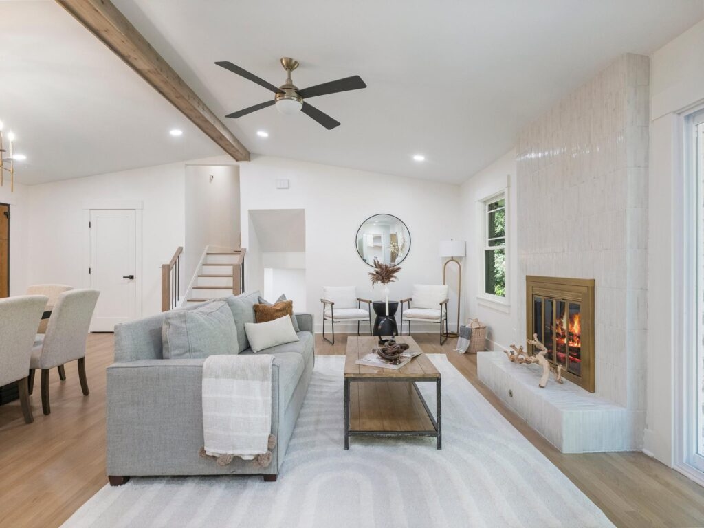 Living room fireplace in a whole-home renovation by VIBE Luxury Homes in the Sherbrooke neighborhood, Atlanta